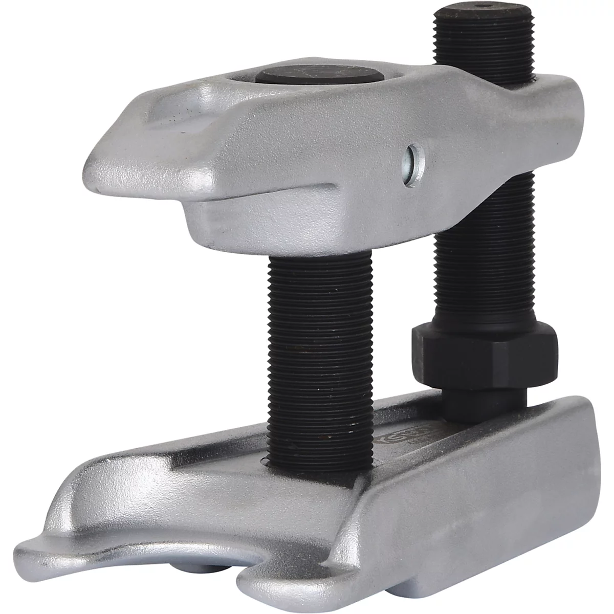 Metallfeder-Spanner, grau. Zwei Gewindestangen verbinden zwei Auflagenplatten.